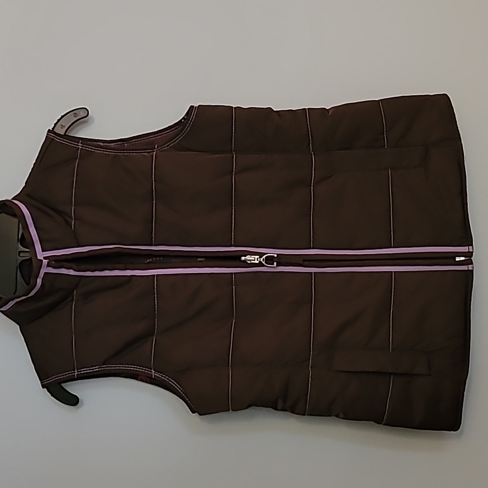 Girl's reversible Ariat equestrian puffer vest size L. Brown with lavender trim